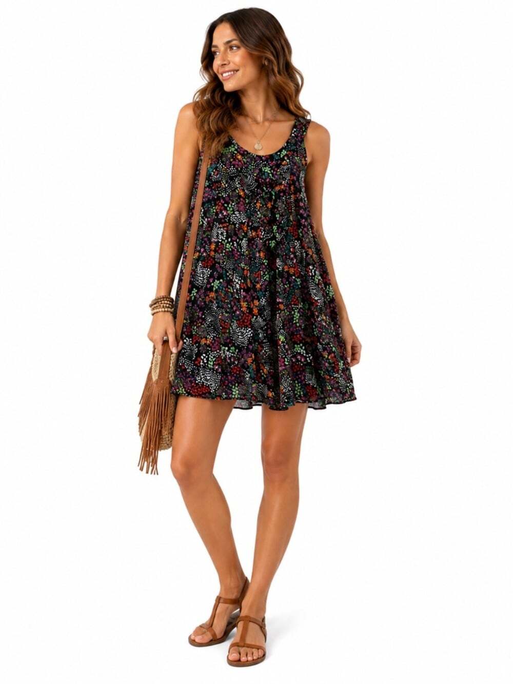 Lapis Black Multicolor Floral Sleeveless Blouse Gathered Neck Statement Print M